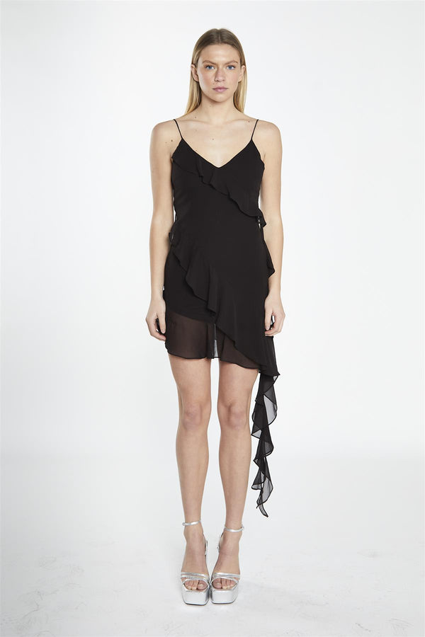 glamorous Black Asymmetric-Ruffle Mini-Dress