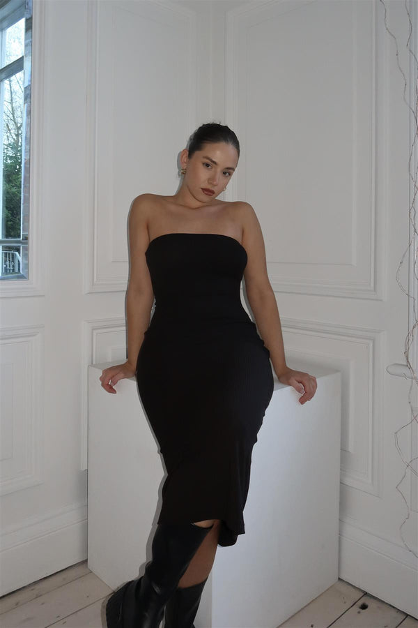 glamorous Black Bandeau Bodycon Midi-Dress