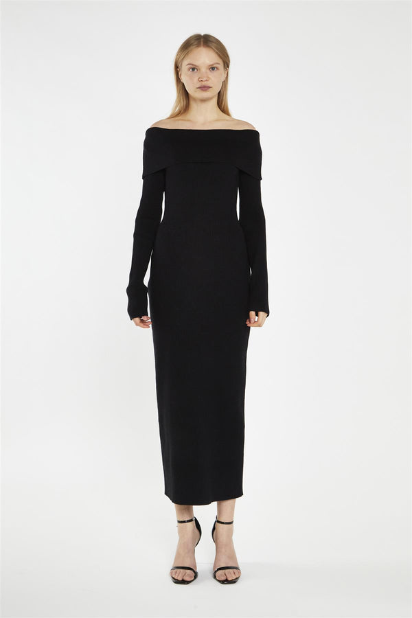 glamorous Black Bardot Knitted Midi-Dress