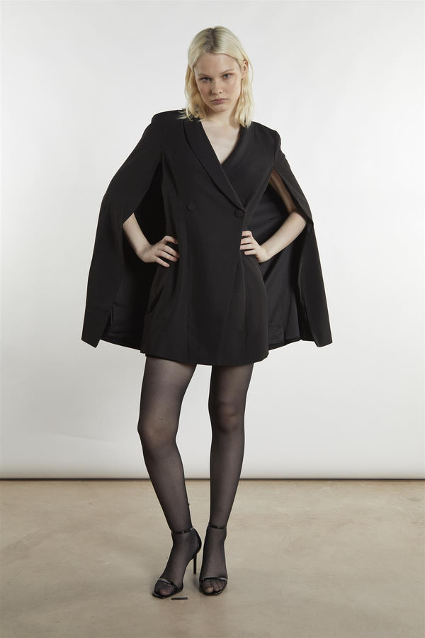 glamorous Black Blazer-Cape Mini-Dress