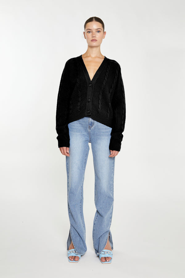 glamorous Black Button Down Cable Knit Cardigan