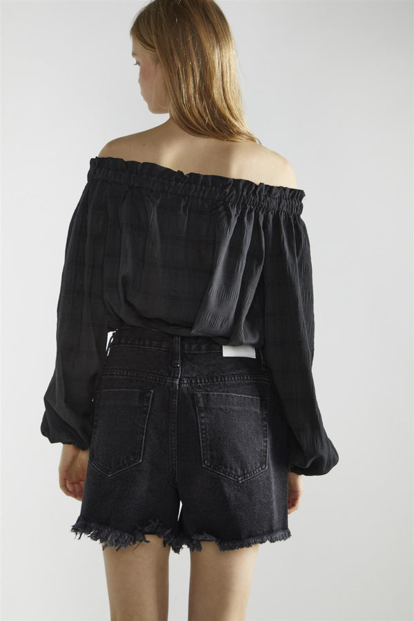 Glamorous Black-Check Swing Bardot-Top