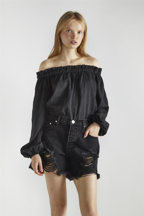 Glamorous Black-Check Swing Bardot-Top