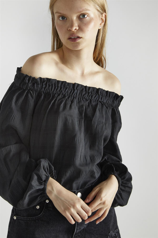 Glamorous Black-Check Swing Bardot-Top