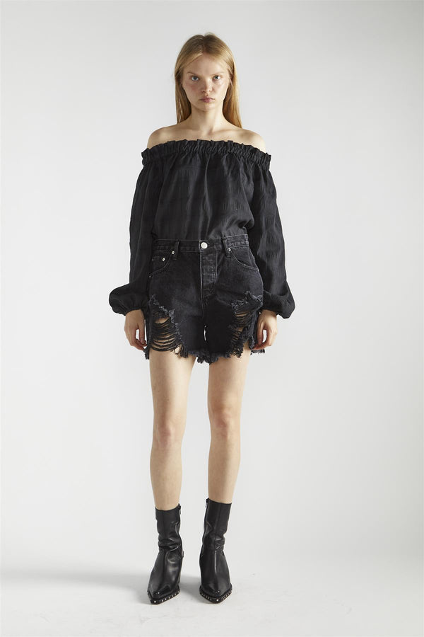 glamorous Black-Check Swing Bardot-Top