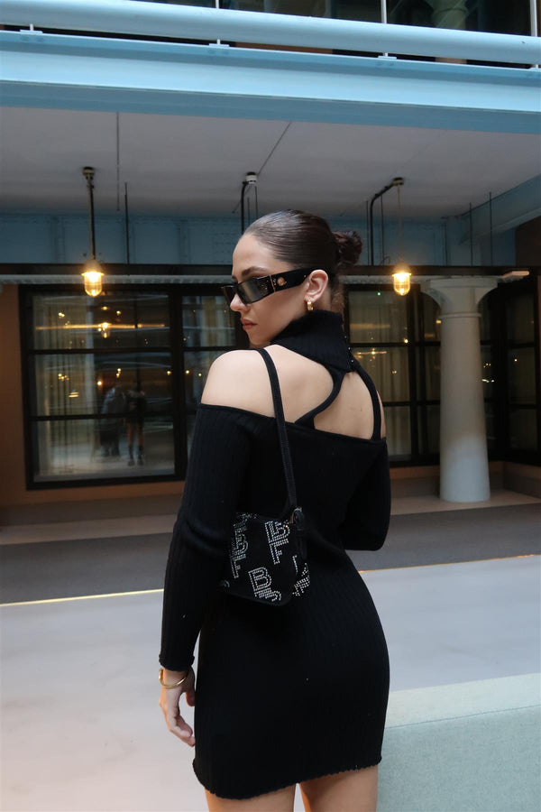 Glamorous Black Choker-Neck Rib-Knit Mini-Dress