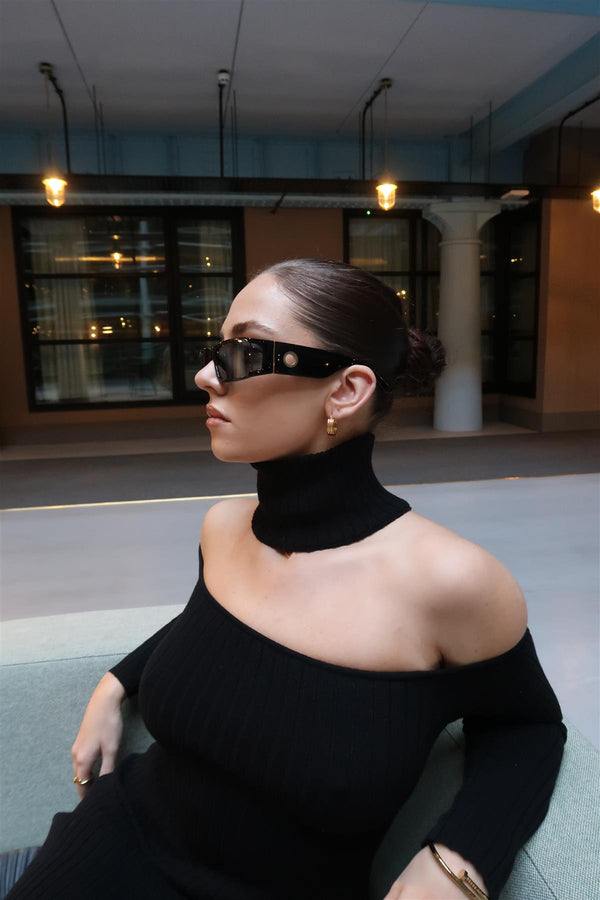 Glamorous Black Choker-Neck Rib-Knit Mini-Dress