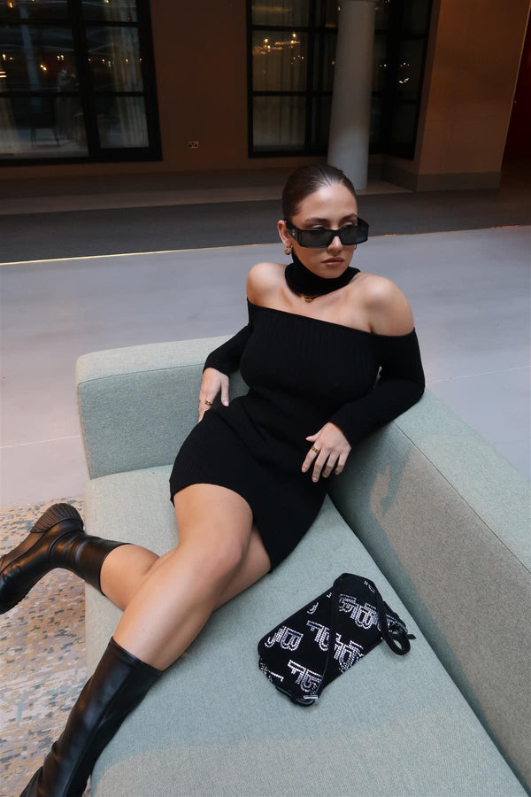 Glamorous Black Choker-Neck Rib-Knit Mini-Dress