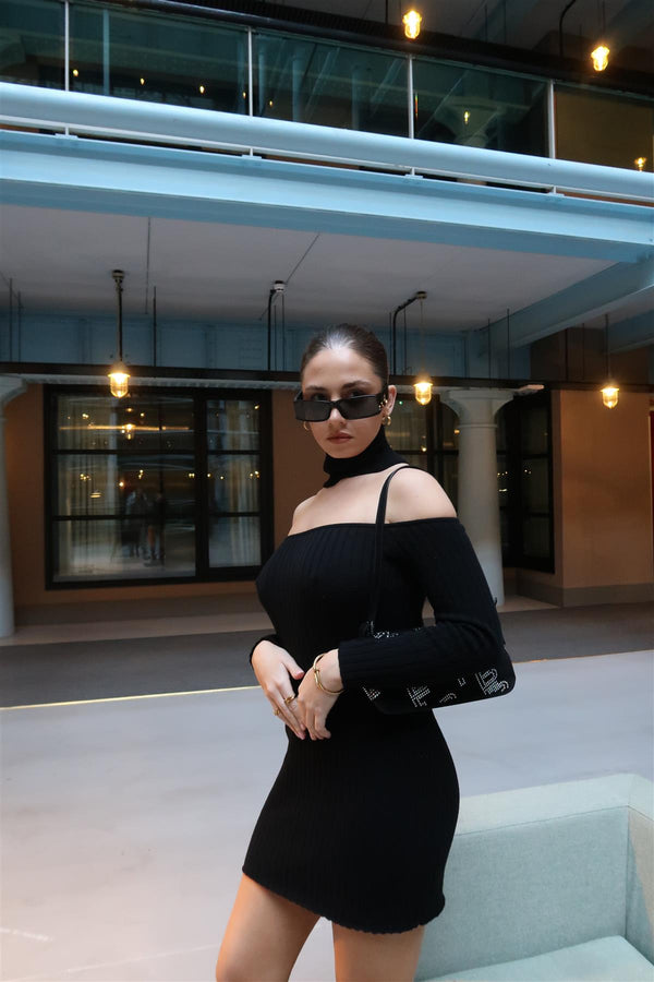 glamorous Black Choker-Neck Rib-Knit Mini-Dress