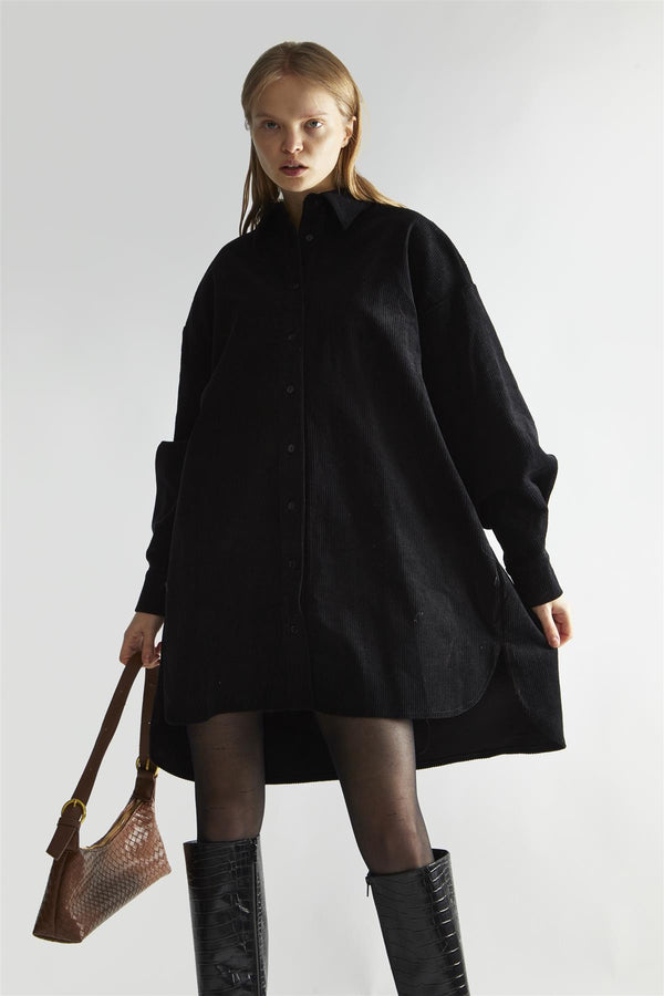 Glamorous Black-Corduroy Hi-Low Shirt-Dress