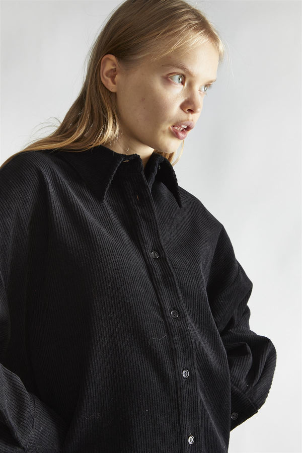 Glamorous Black-Corduroy Hi-Low Shirt-Dress