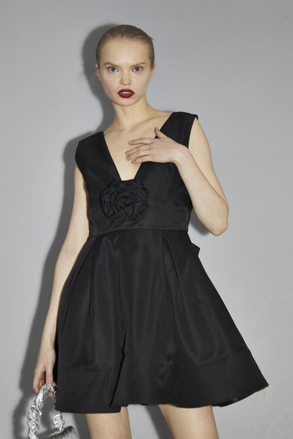Glamorous Black Corsage Skater Mini-Dress