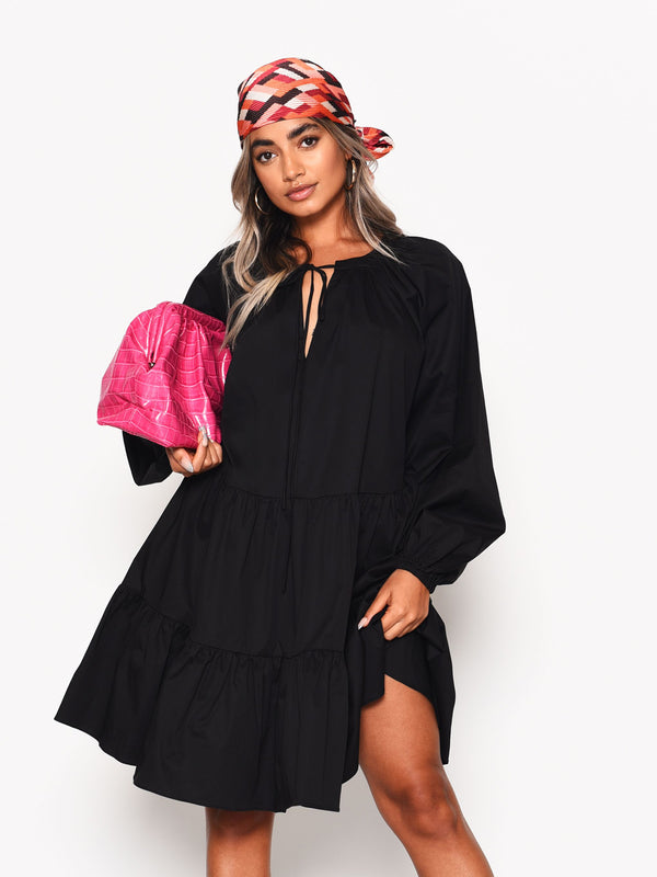 Glamorous Black Cotton Long Sleeve Smock Dress