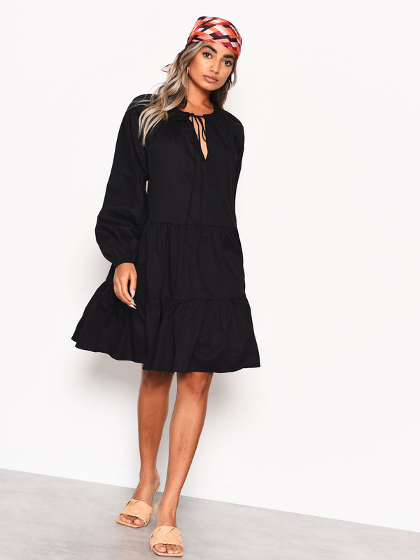 glamorous Black Cotton Long Sleeve Smock Dress