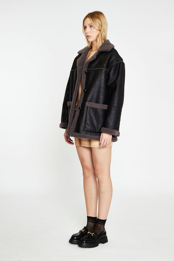 Glamorous Black Dark-Grey Oversized Shearling Coat