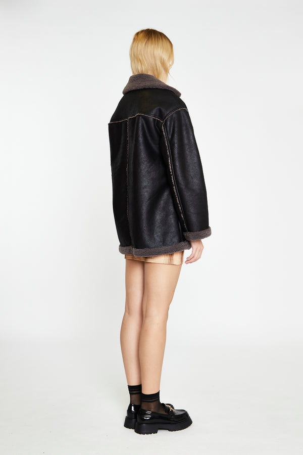 Glamorous Black Dark-Grey Oversized Shearling Coat