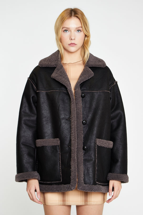 glamorous Black Dark-Grey Oversized Shearling Coat