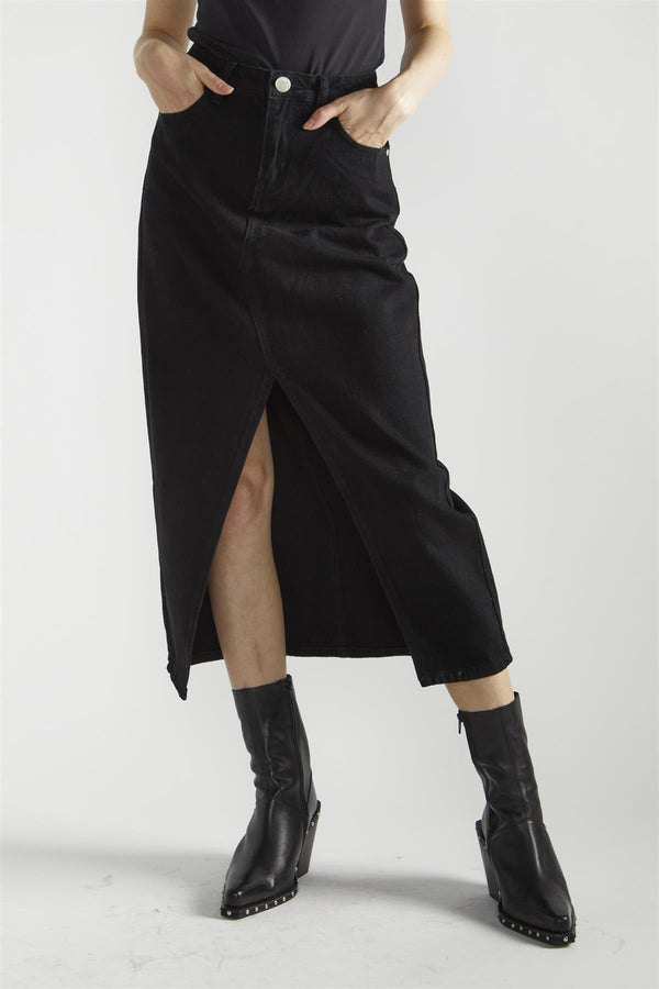 Glamorous Black Denim Centre-Split Maxi-Skirt