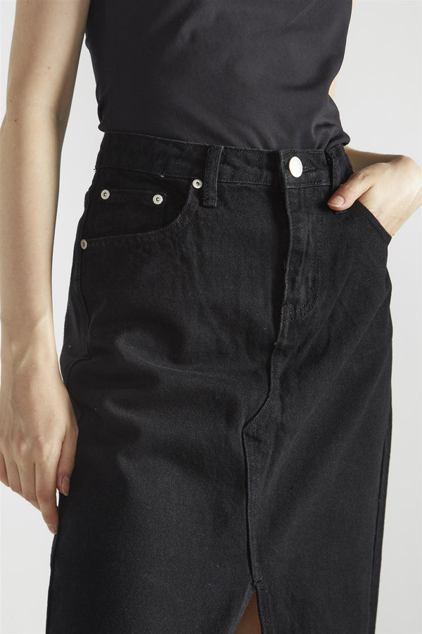 Glamorous Black Denim Centre-Split Maxi-Skirt