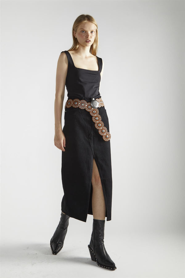 glamorous Black Denim Centre-Split Maxi-Skirt