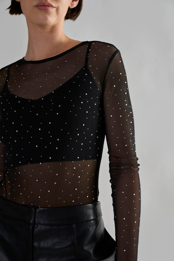 Glamorous Black Diamante-Mesh Bodysuit