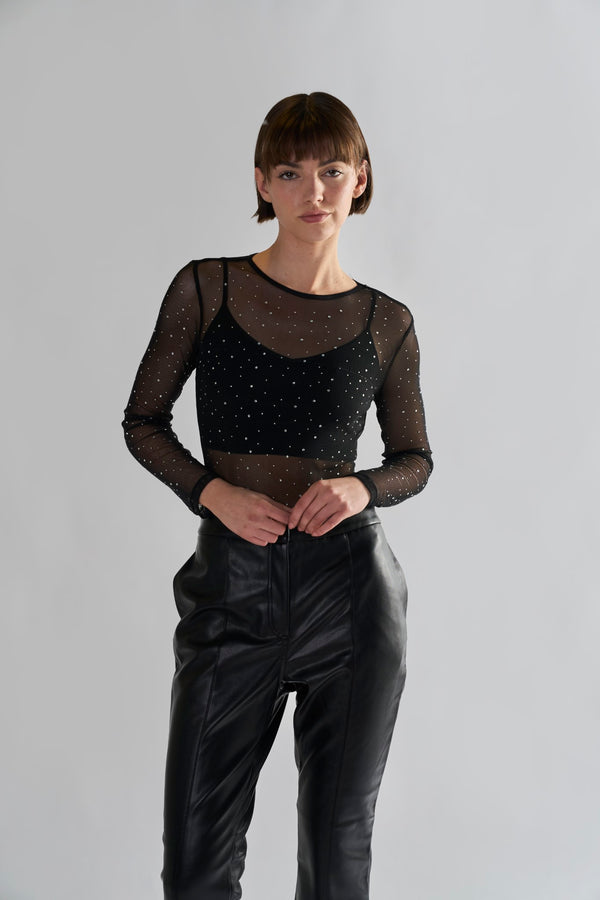 glamorous Black Diamante-Mesh Bodysuit