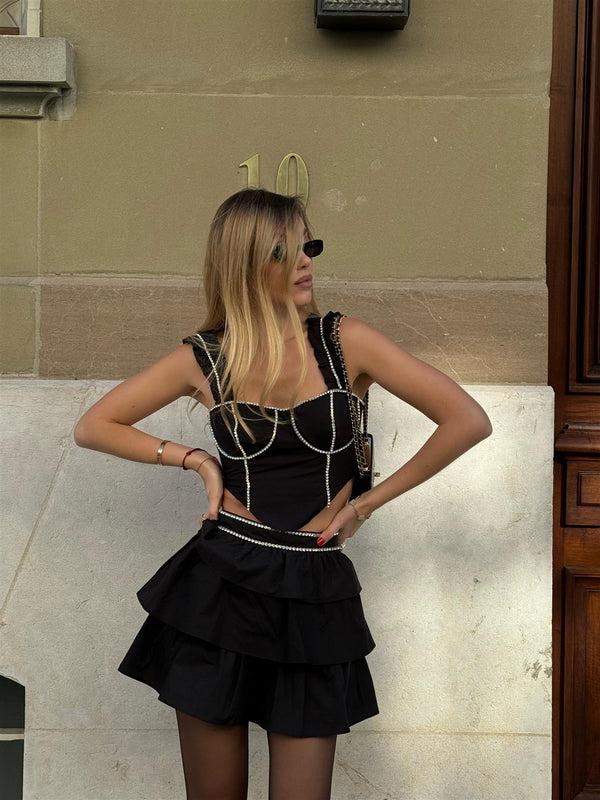 Glamorous Black Diamante-Trim Corset-Top
