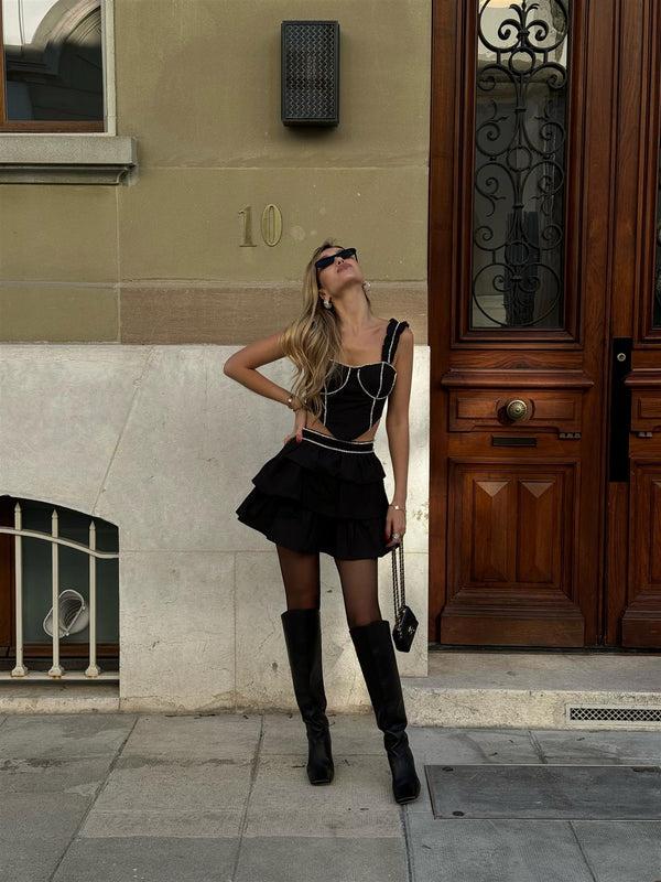 glamorous Black Diamante-Trim Corset-Top