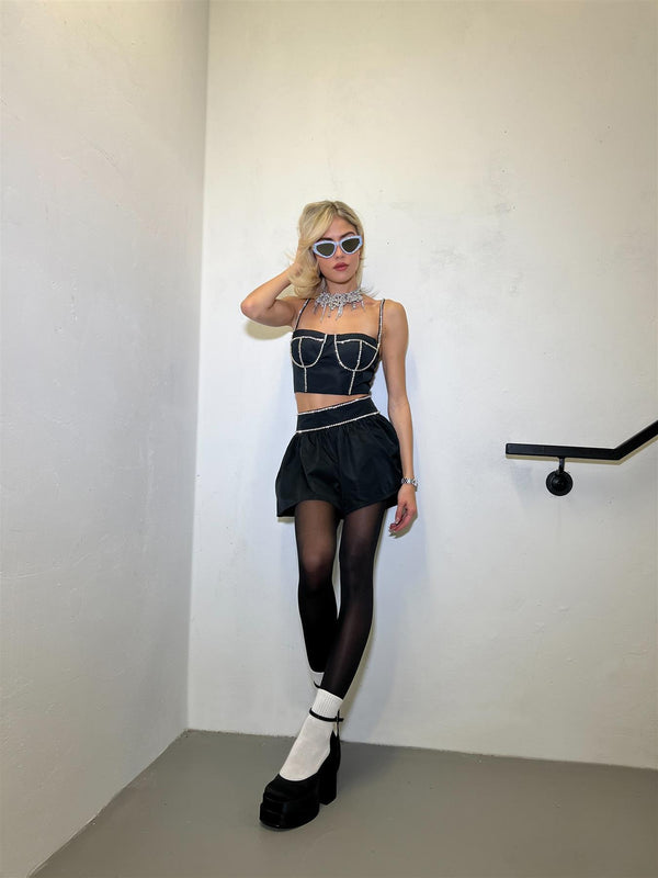 glamorous Black Diamante Trim Crop-Top