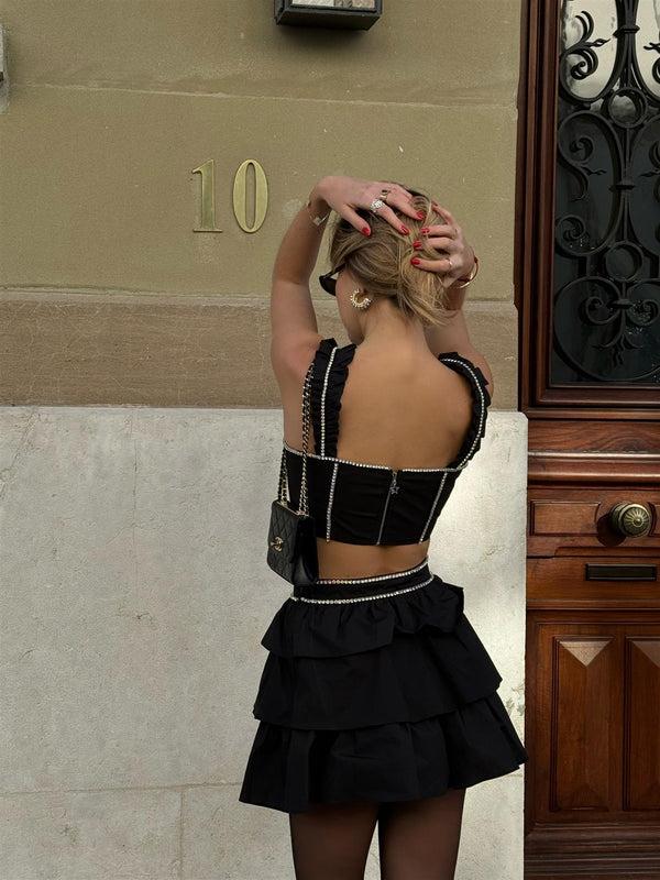 Glamorous Black Diamante-Trim RaRa Mini-Skirt