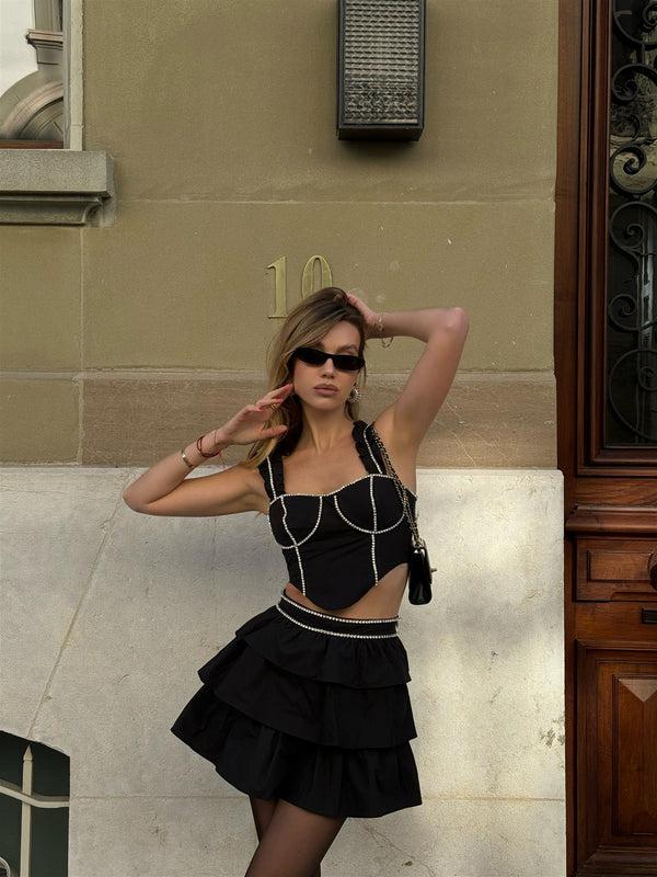 Glamorous Black Diamante-Trim RaRa Mini-Skirt