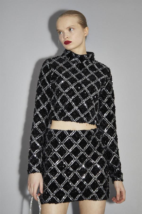 Glamorous Black Diamond-Sequin High Neck Top