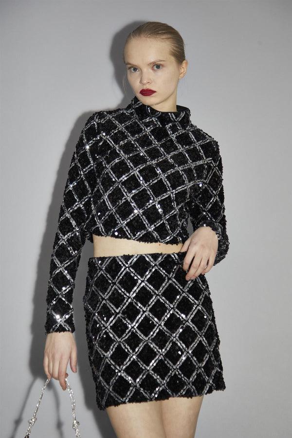 Glamorous Black Diamond-Sequin Mini-Skirt