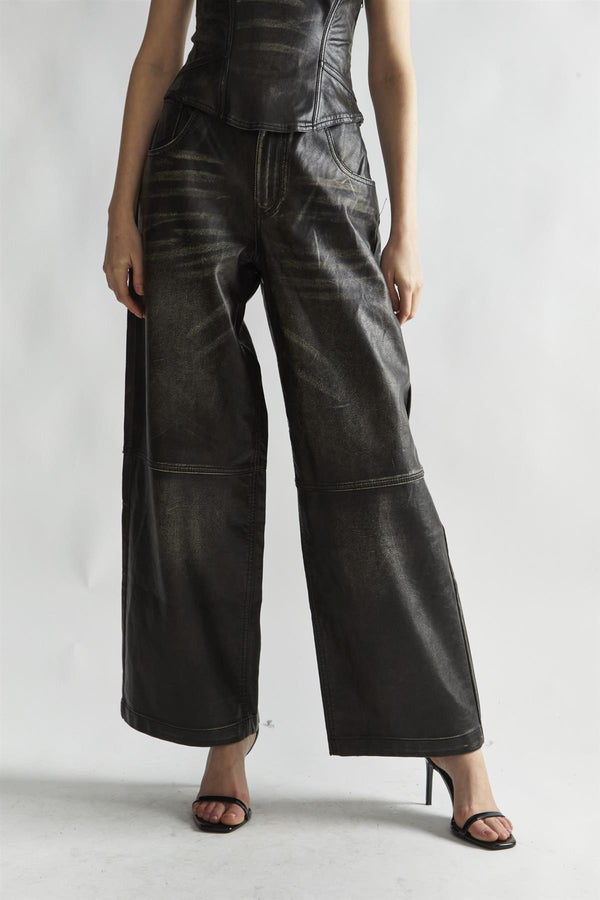 Glamorous Black Distressed-PU Wide-Leg Trousers