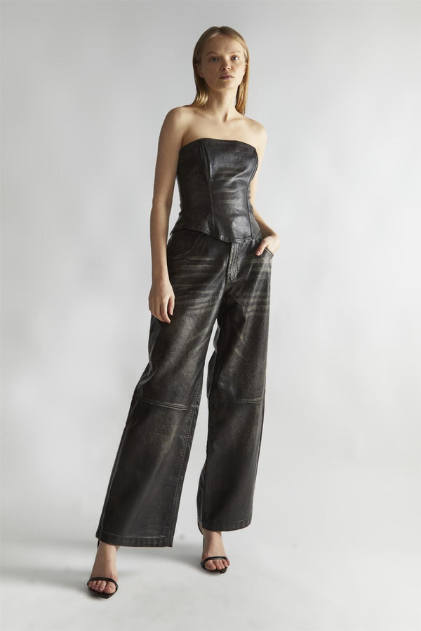 glamorous Black Distressed-PU Wide-Leg Trousers