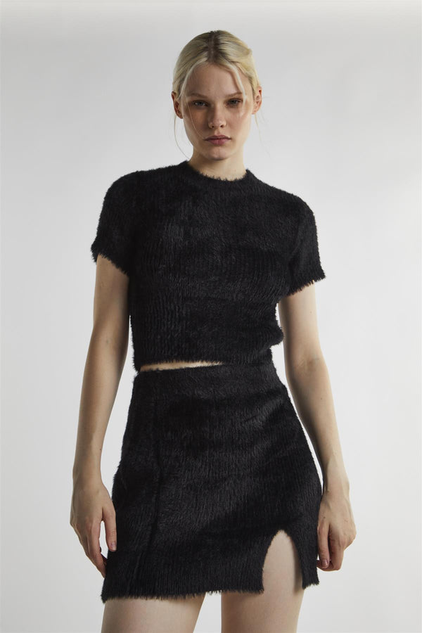 Glamorous Black Fluffy-Knit Mini-Skirt