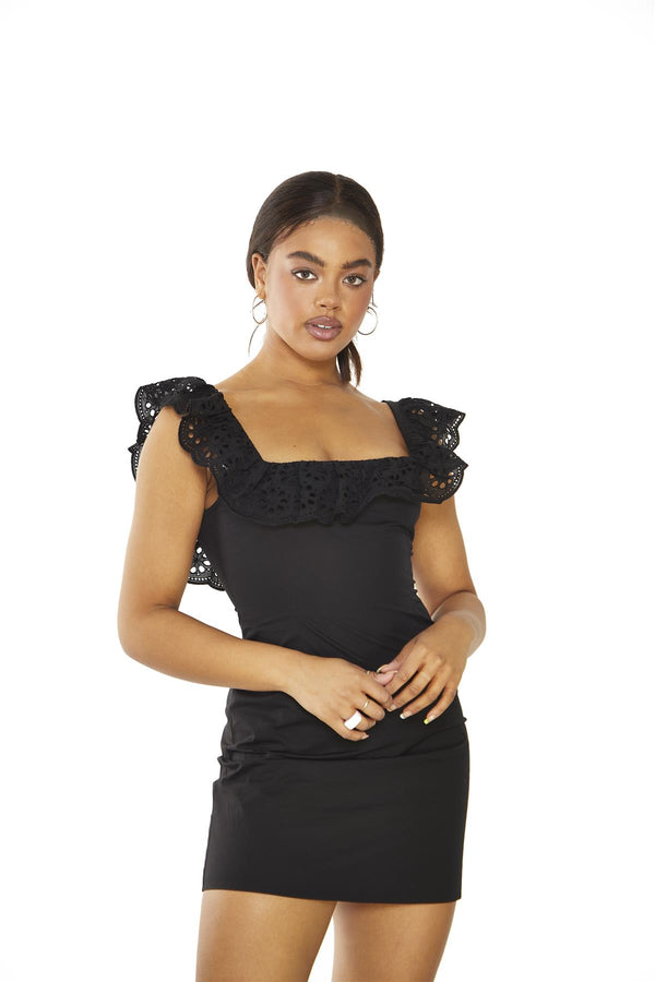 glamorous Black Frill Neck Mini-Dress