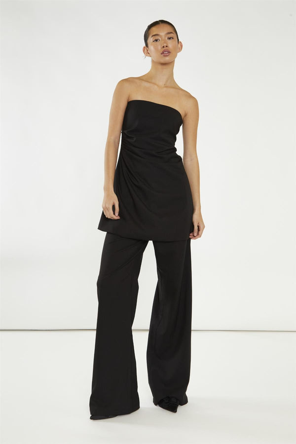 glamorous Black Gathered Waist Longline-Top