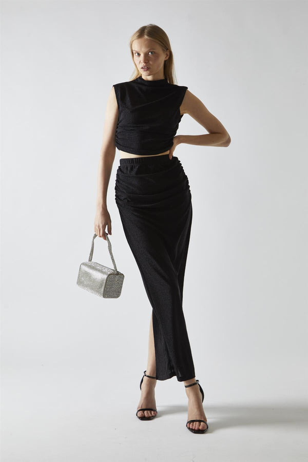 glamorous Black-Glitter High-neck Crop-Top