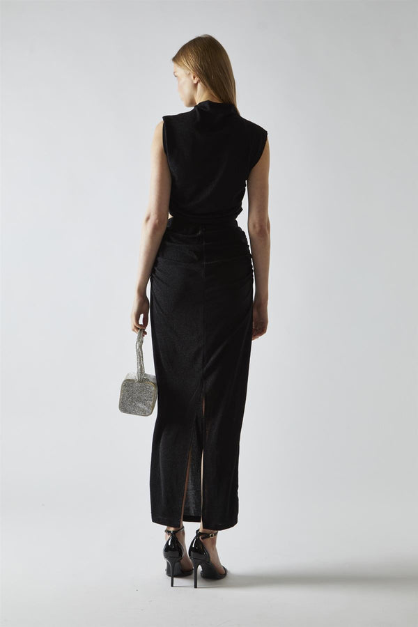 Glamorous Black-Glitter Ruched Midaxi-Skirt