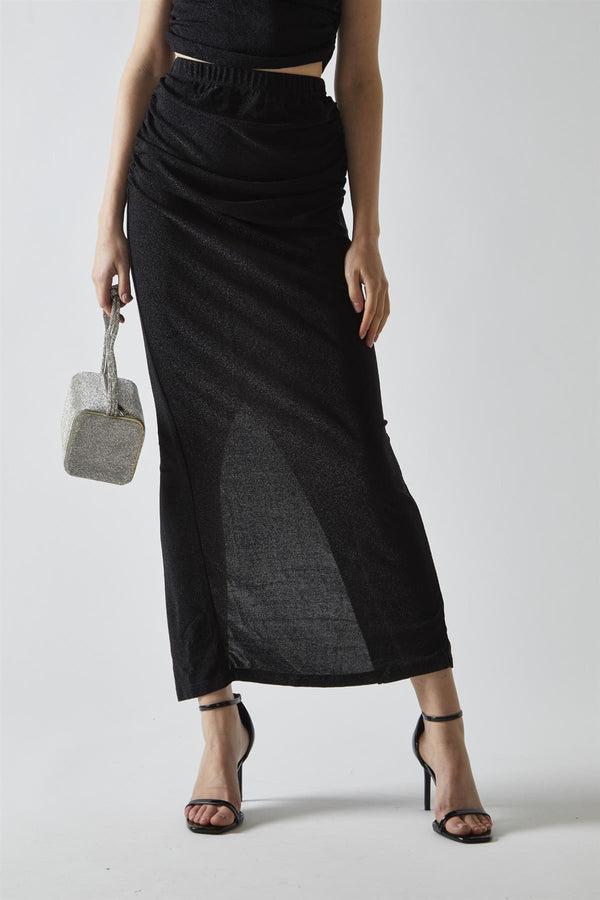 Glamorous Black-Glitter Ruched Midaxi-Skirt