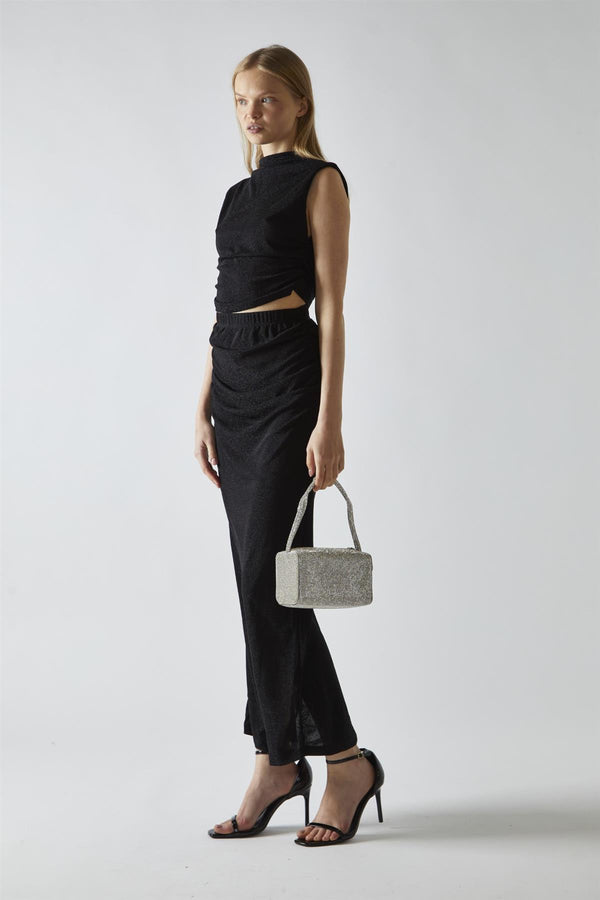 Glamorous Black-Glitter Ruched Midaxi-Skirt