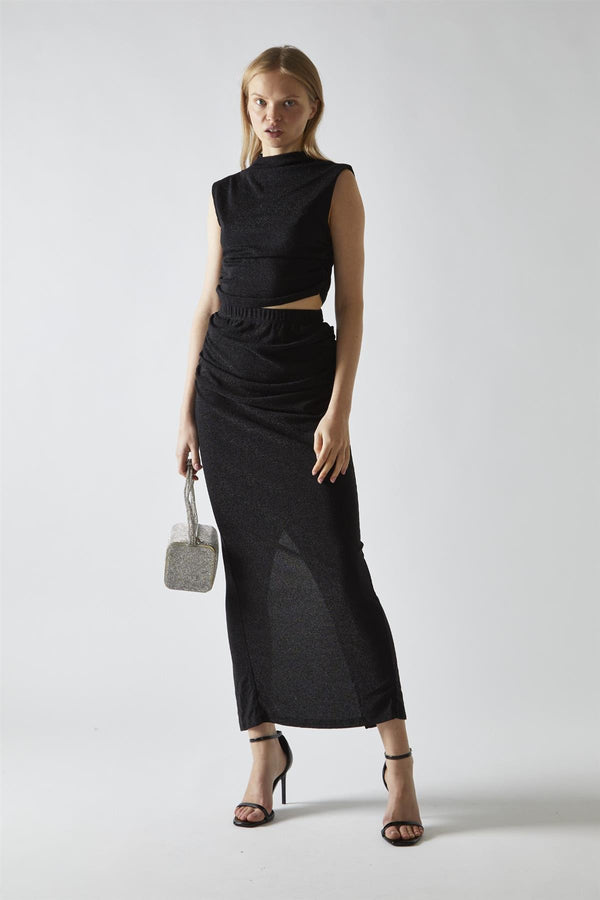 glamorous Black-Glitter Ruched Midaxi-Skirt