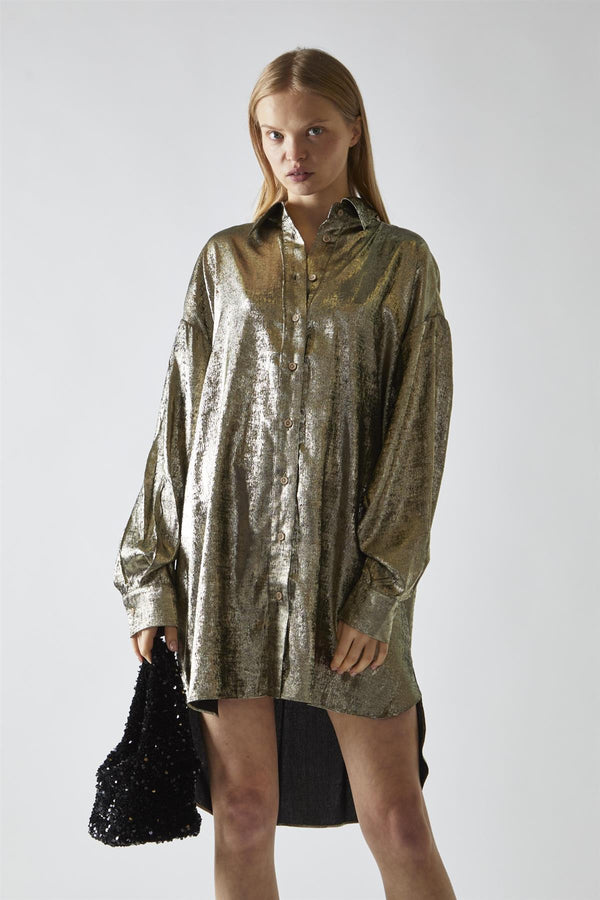 Glamorous Black-Gold Metallic Hi-Low Shirt-Dress