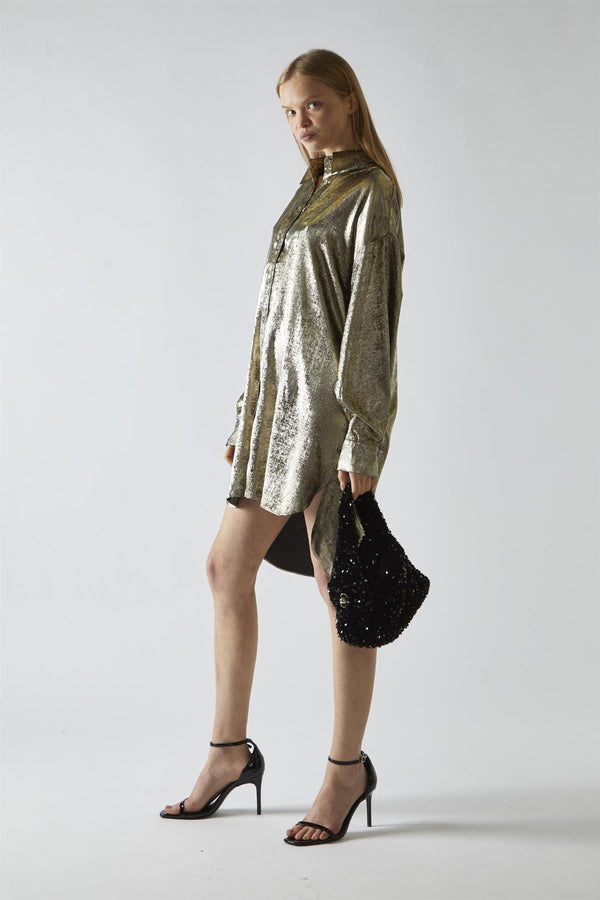 Glamorous Black-Gold Metallic Hi-Low Shirt-Dress