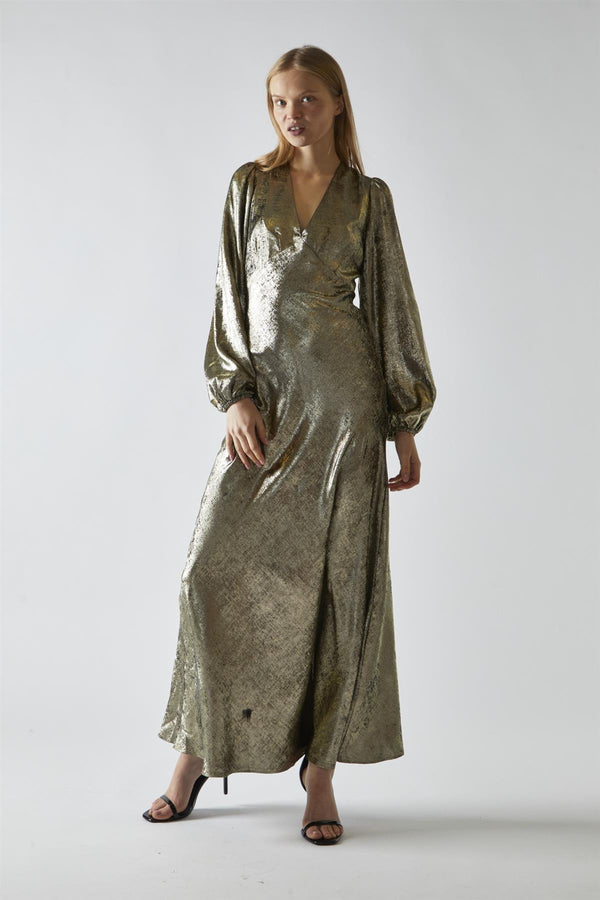 glamorous Black Gold Metallic V-Neck Maxi-Dress