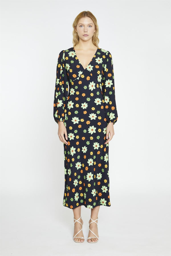 glamorous Black-Green Flower V-Neck Maxi-Dress