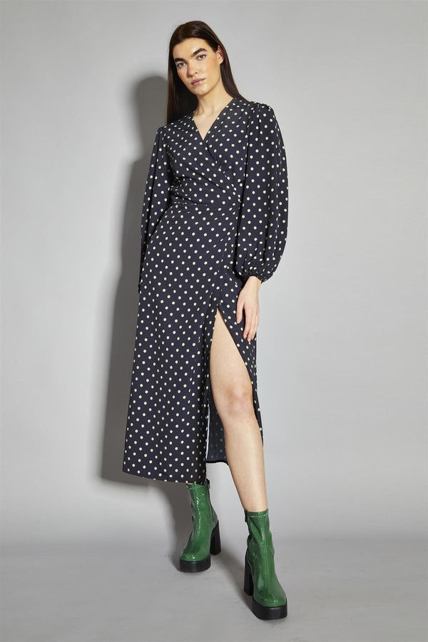 glamorous Black-Green Geo-Daisy Wrap Maxi-Dress