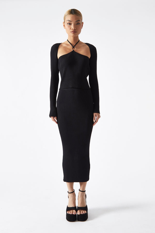 glamorous Black High-Waist Knit Midaxi-Skirt