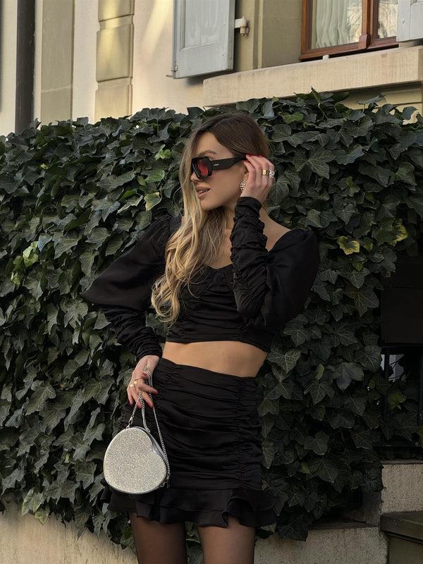 glamorous Black Kaitlyn Co-ord Ruched Mini-Skirt